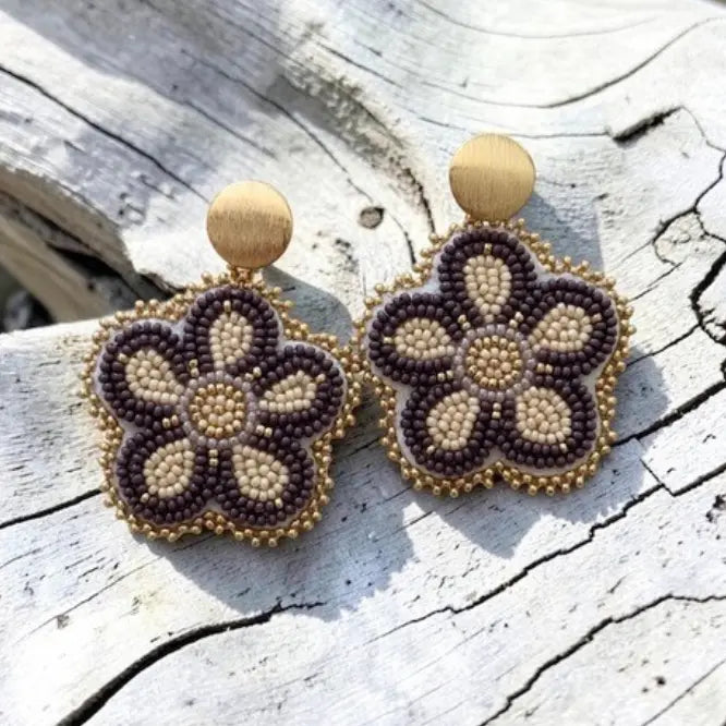 White Rabbit Auntie Heritage Flower Earrings- Lilac, Cream, Pink & 14k Gold Detailing
