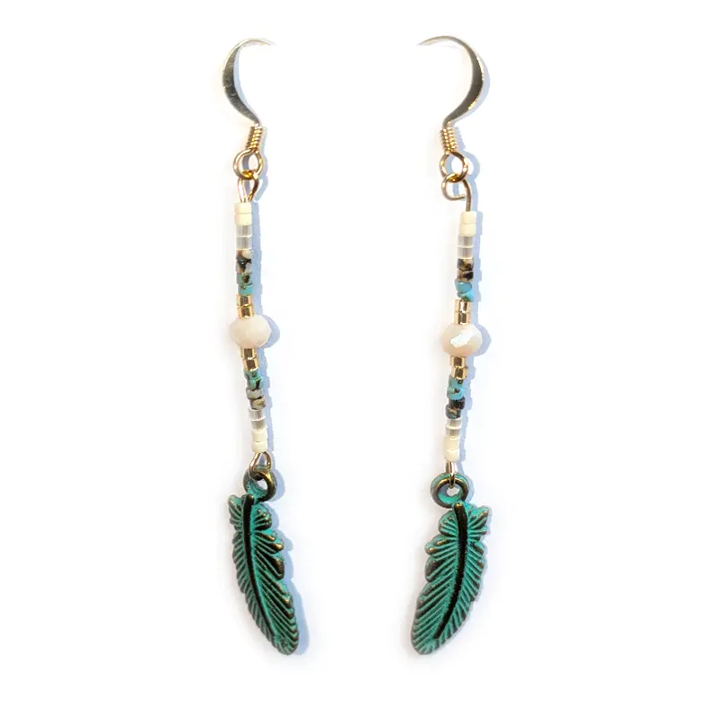 OceanloverJen Beads & Green Feathers Earrings Métis Trading Post