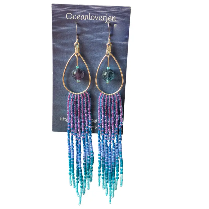 OceanloverJen Oval with Bead & Purple Blue Fringe Earrings Métis Trading Post