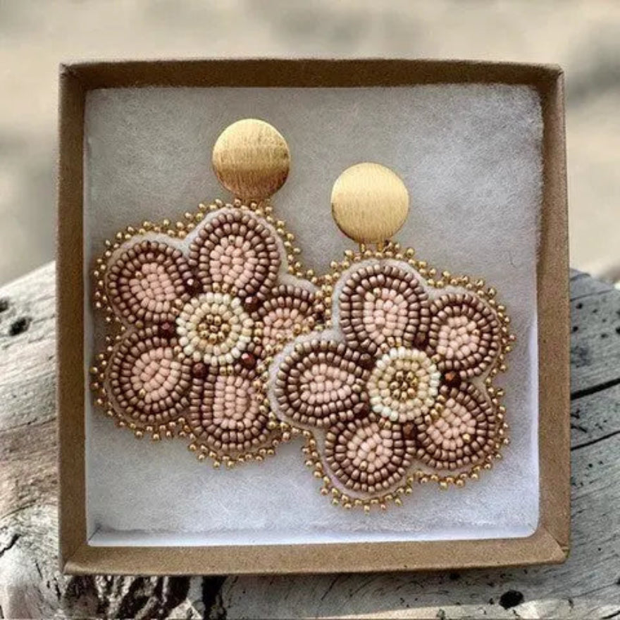 White Rabbit Auntie Heritage Flower Earrings- Pink & Gold