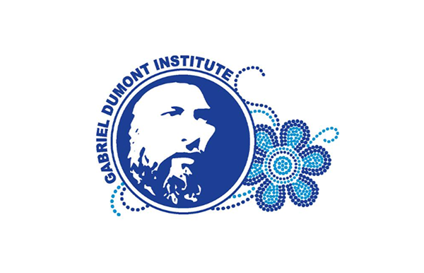 Logo of Gabriel Dumont Institute with a stylized face and decorative elements on a white background