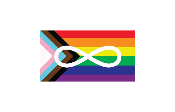 Flag with rainbow colors and a white infinity symbol on a white background